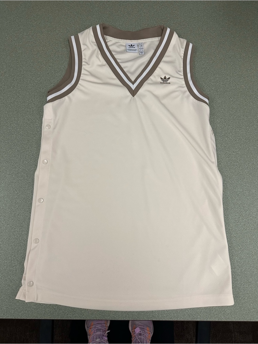 Adidas Cream Sleeveless V-Neck Tank with Brown Trim (with snap sides)